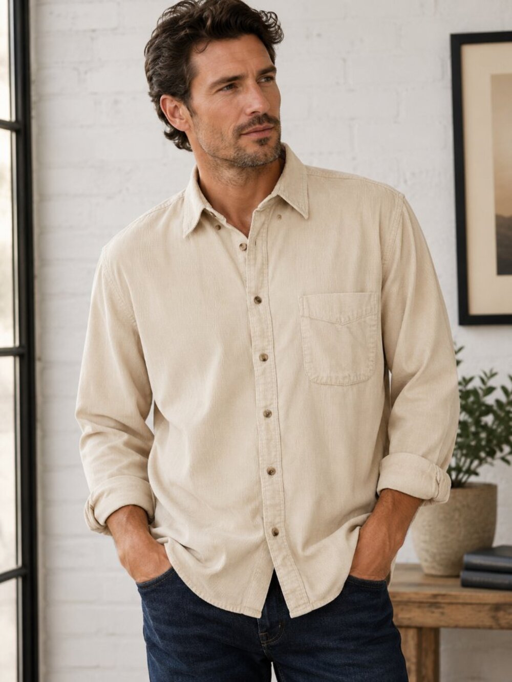 Men's Cotton Corduroy Shirt Beige Button Front Size Medium